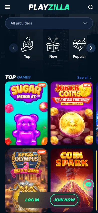 Playzilla Casino games screen on a mobile device