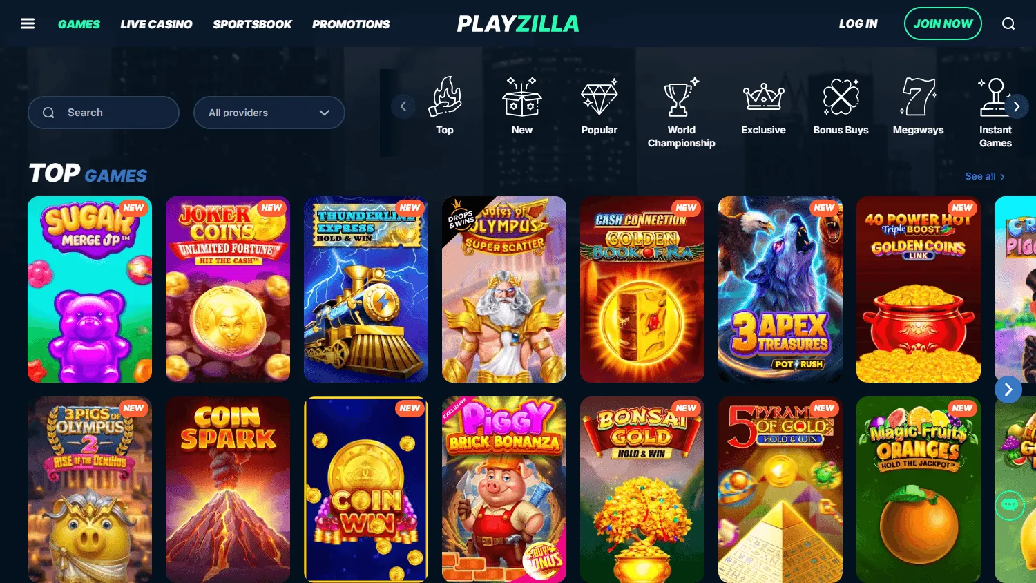 Playzilla Casino games screen on desktop
