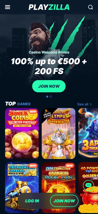 Playzilla Casino home screen on a mobile device