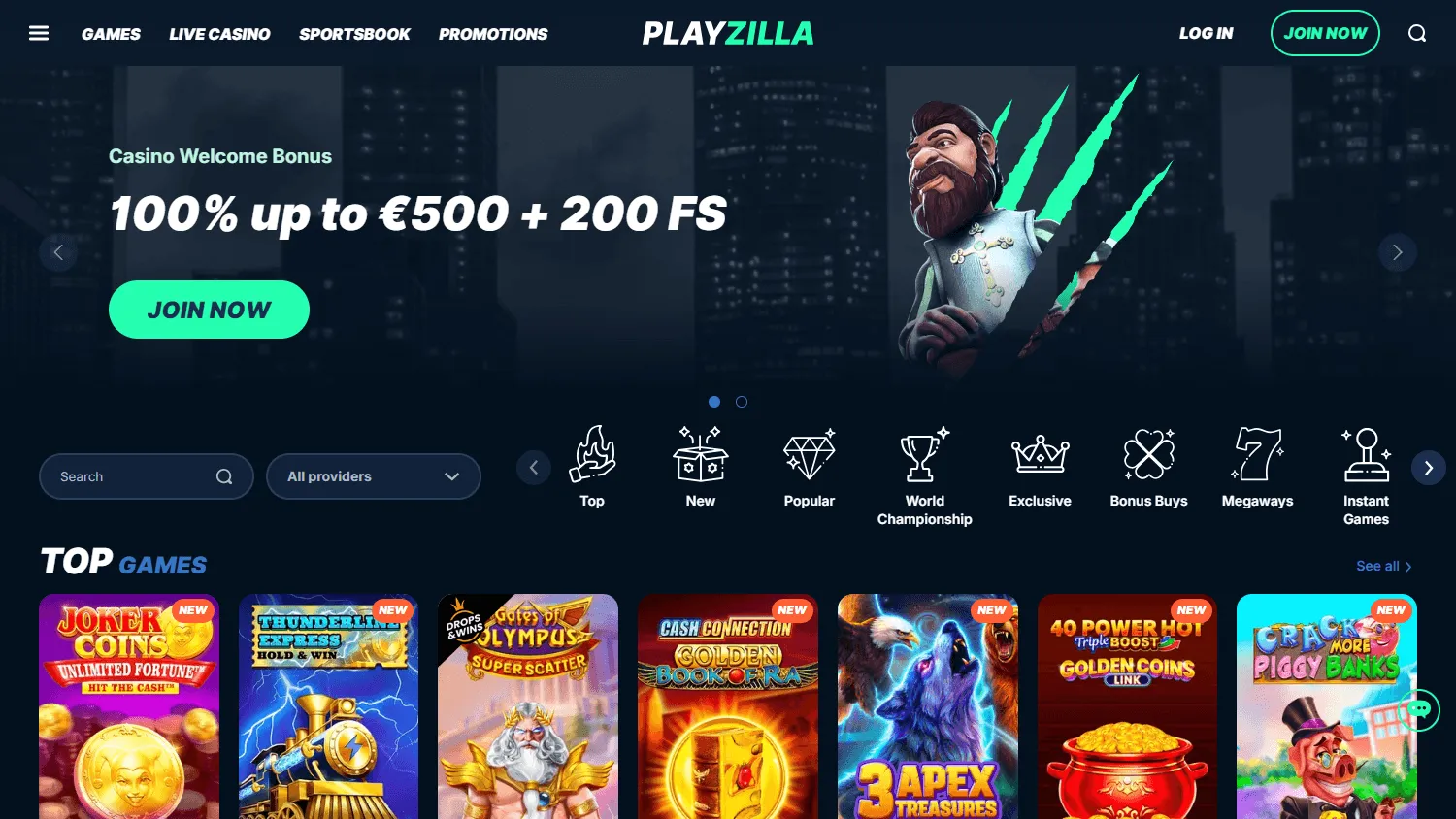 Playzilla Casino home screen on desktop