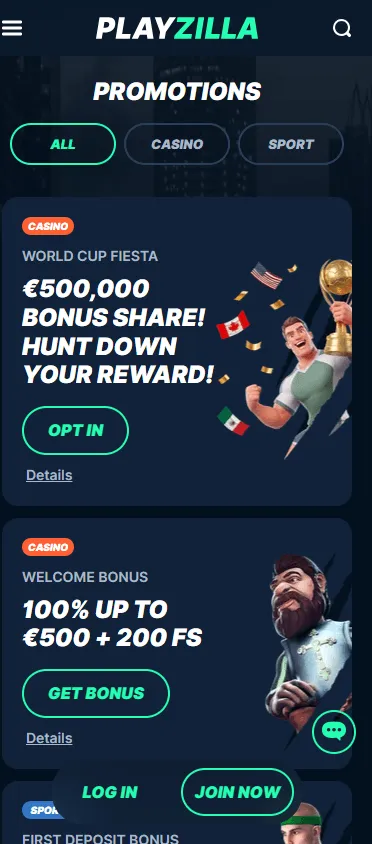 Playzilla Casino promotions screen on a mobile device