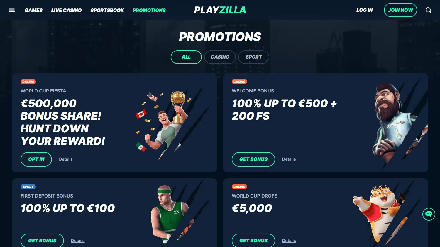 Playzilla Casino promotions screen on desktop